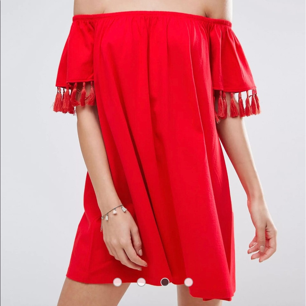 ASOS Off Shoulder Coral Dress with Tassel Detail